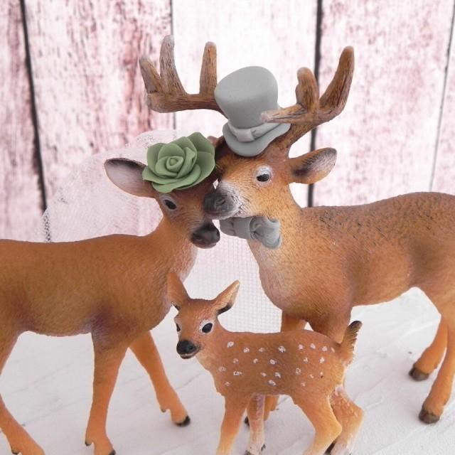 Family Deer Wedding Cake Topper, Rustic, Country, Woodland, Green and Grey