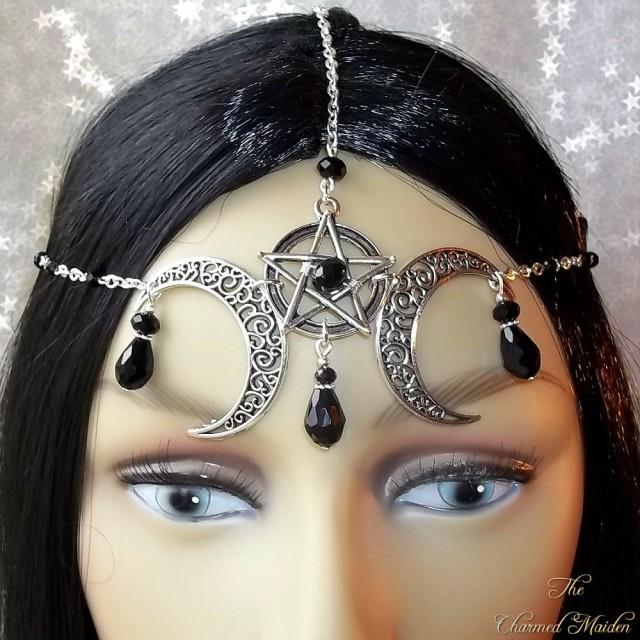 wedding photo - Wiccan Moon Headdress, Gothic Headdress, Pentagram & Moon Circlet, Pagan Headpiece, Pentacle Headdress, Witch, Wicca, Goth, Jet Black