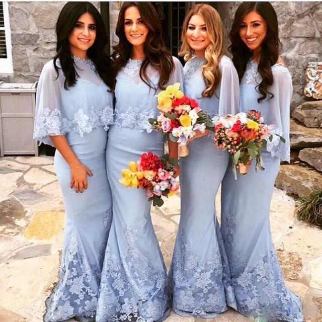 Charming Sky Blue Bridesmaid Dresses With Wrap Sweetheart Lace Applique 2016 Mermaid Long Formal Prom Party Evening Gowns Custom Online with $89.0/Piece on Hjklp88's Store 