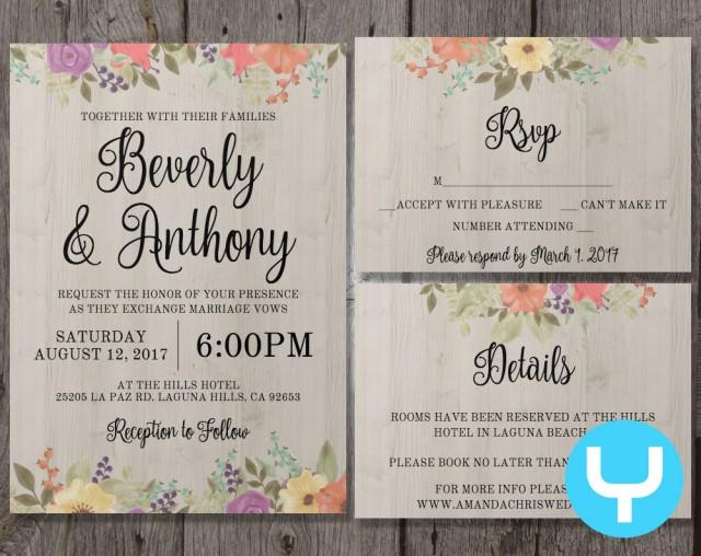 Printable Floral Wedding Invitation Template Set + RSVP, Details - Instant Download - Editable in Our Web Application