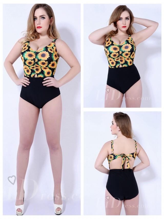 wedding photo - Yellow With Flower Print One-Piece Womens Plus Size Swimsuit With Black Bottoms Lidyy1605202071