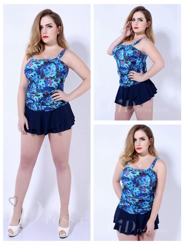 wedding photo - Blue With Colorful Print Plus Size One-Piece Womens Swimsuit With Black Skirt Lidyy1605202070