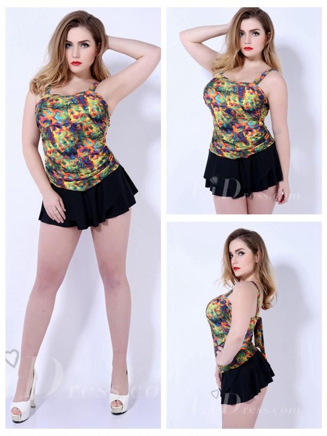 wedding photo - Yellow With Colorful Print Plus Size One-Piece Womens Swimsuit With Black Skirt Lidyy1605202068