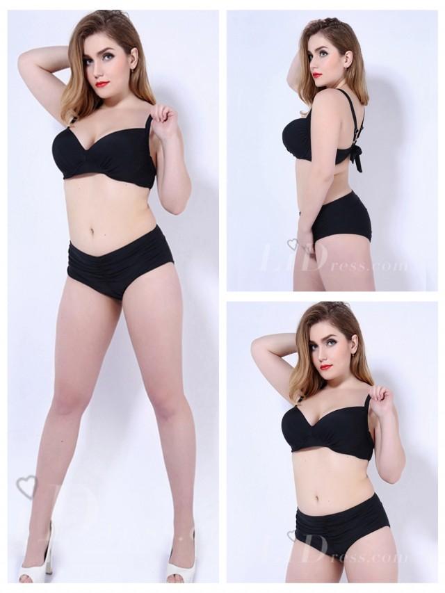 wedding photo - Black Solid Color Middle Waist Plus Size Womens Bikini Suit With Fold Adornment Lidyy1605202060