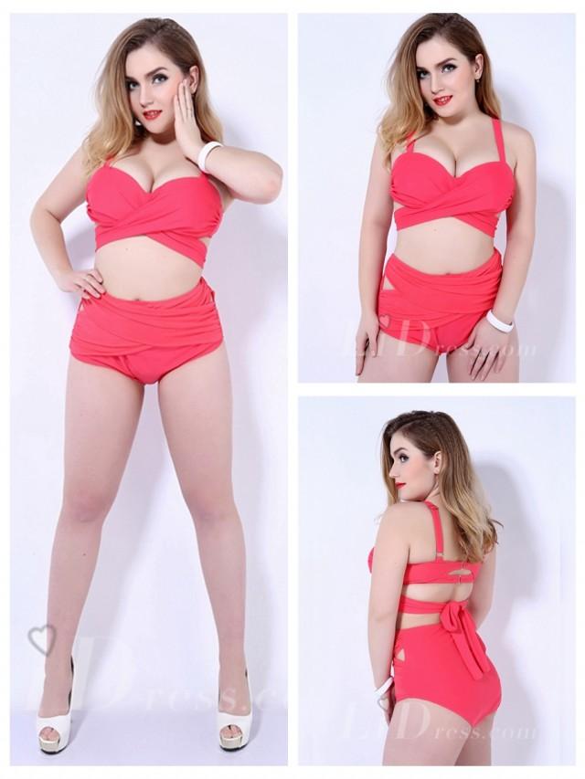 wedding photo - Red Solid Color High Waist Plus Size Womens Bikini Suit With Bandage Adornment Lidyy1605202053
