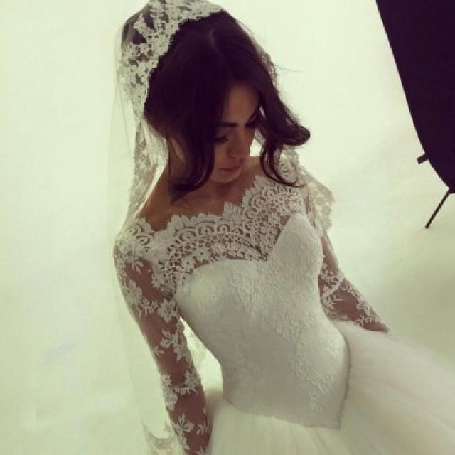 wedding photo - Chic Ball Gown Wedding Dresses/Bridal Gown - Bateau Lace with Long Sleeves