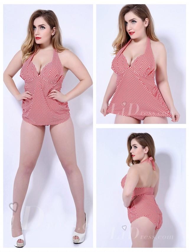 wedding photo - Red And White Plaid Pattern Print Plus Size One-Piece Womens Swimsuit Lidyy1605202018