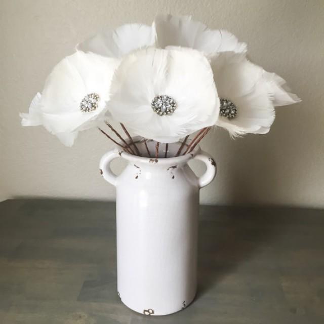 wedding photo - Rhinesstone Feather Flower Stemmed - Bridal Bouquet - White - Wedding - Home Decor - Floral Arrangement - Table Centerpiece - Elegant