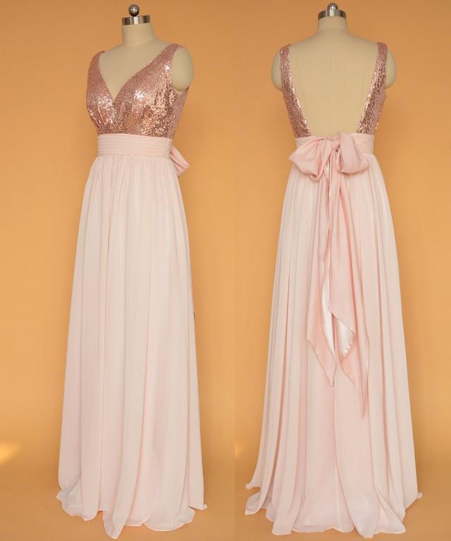 Sequin Prom Dresses Rose Gold/ Open Back Prom Dresses / Pink chiffon dress, Sequin Evening Dress