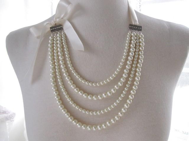 Bridal Necklace - Bridesmaid jewelry gift - Ivory Pearls Necklace - Multi strand Asymmetrical Chunky Statement wedding jewelry