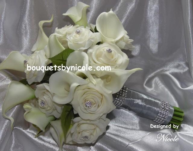 wedding photo - Real Touch Calla lilies and Roses Brooch Bouquet