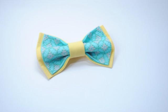 wedding photo - Bowtie Bow tie for men Embroidered bowtie Spa yellow colour Wedding in yellow blue Groom Groomsmen Noeud papillon homme Pretied bow ties