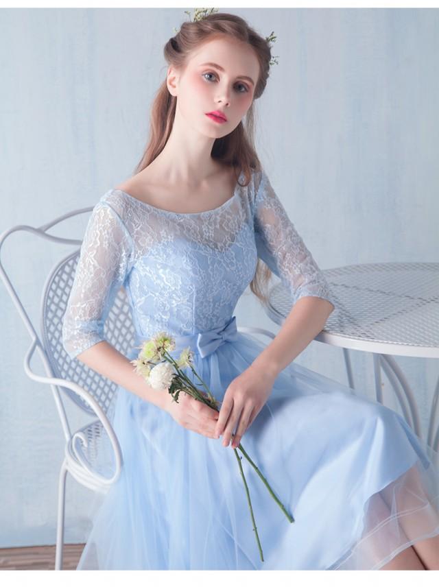 wedding photo - 2016 New Fashion Blue Half Sleeves Tulle Corset Lace Up Tea Length Prom Party Homecoming Formal Evening Bridesmaid Dresses