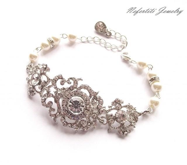 wedding photo - Bridal Bracelet, wedding bracelet, vintage crystal and pearl wedding jewelry