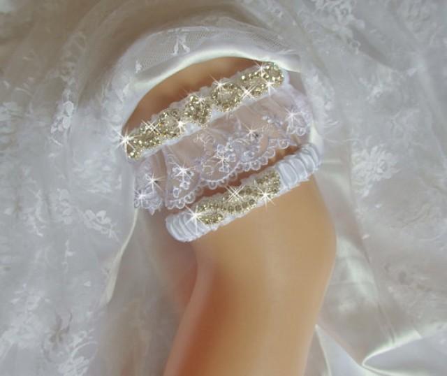 wedding photo - White French Lace Wedding Garter Set, Bridal Garter, White, Blue or Ivory Bling Garter, Keepsake Garter, Rhinestone Garter, Wedding Lingerie