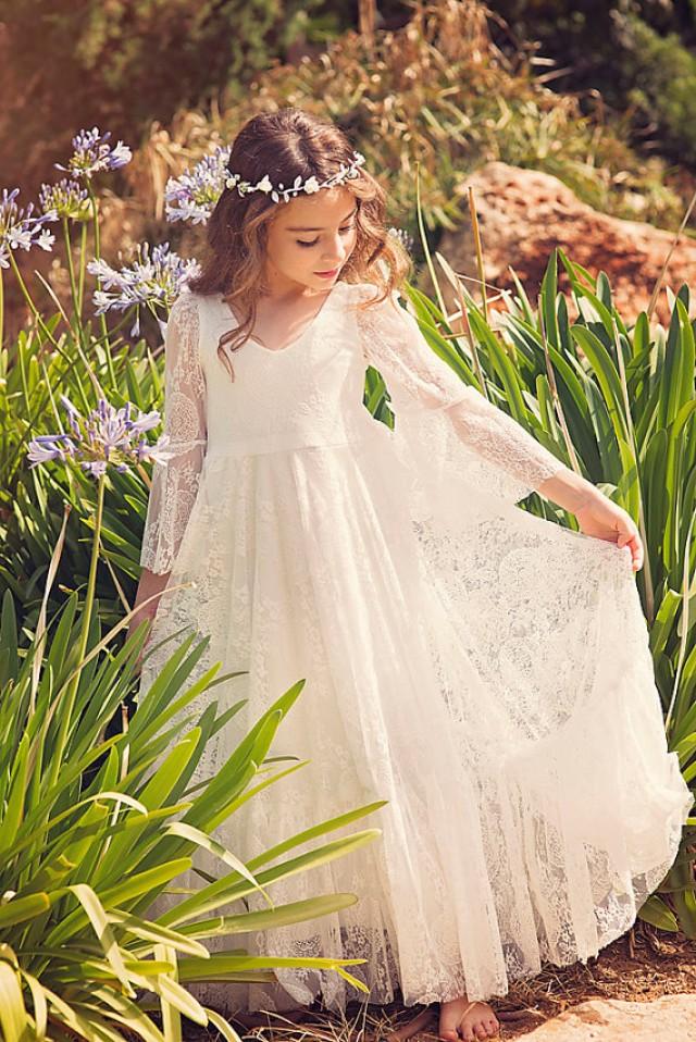wedding photo - First Communion Dress // Flower Girl White Lace Dress // Boho-chic Girls Dress // Lace dress for girls and toddlers //Boho flower girl dress