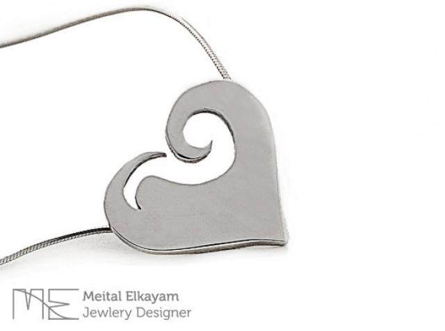 wedding photo - Heart Necklace, Heart Pendant in Sterling Silver - Wave Shape Silver Heart Necklace, Sterling Heart Necklace,Heart Necklace 