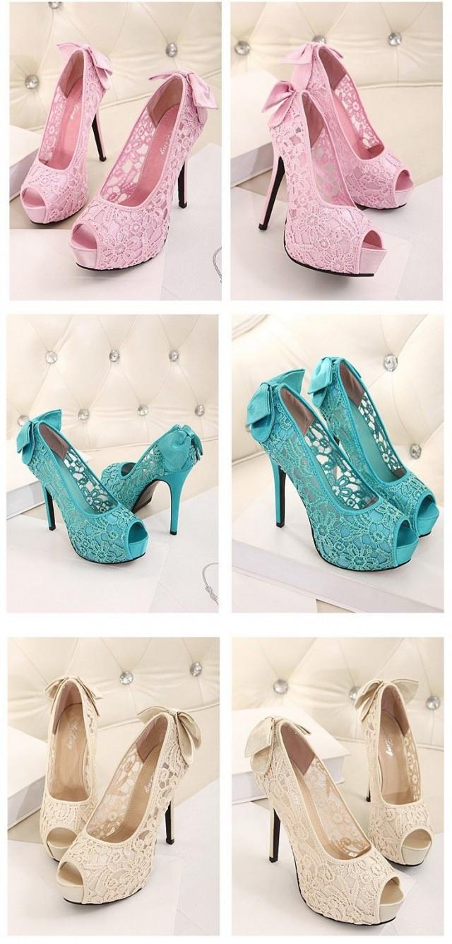 Sweet Bow Platform High Heels Lace Flower Wedding Shoes