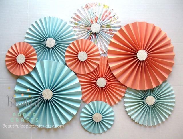 9 Pc Aqua Light Coral Silver Rosettes, Paper Fans, Peach