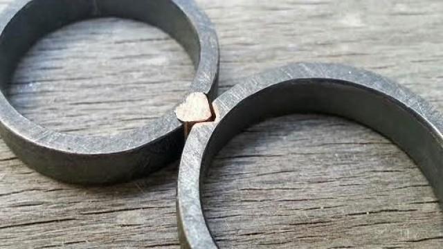 wedding photo - His and hers Unique Wedding Rings Oxidized Silver Rings Mixed Metals Wedding ring set Handmade Black Silver Rings Organic Solid Gold