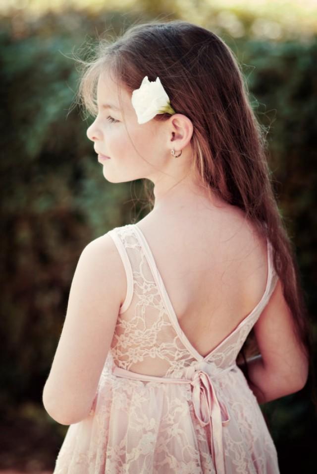 wedding photo - Blush Lace Flower Girl Dress, Flower Girl Dress V Back, Special Occasion Dress, Wedding Dress