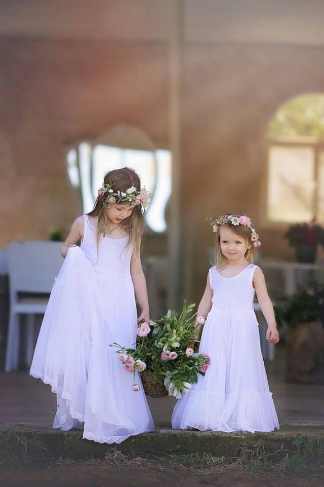 wedding photo - Wedding White Lace Flower Girl Dress, Floor Length Lace Flower Girl Dress, Party Dress, Jr. Bridesmaid Dress