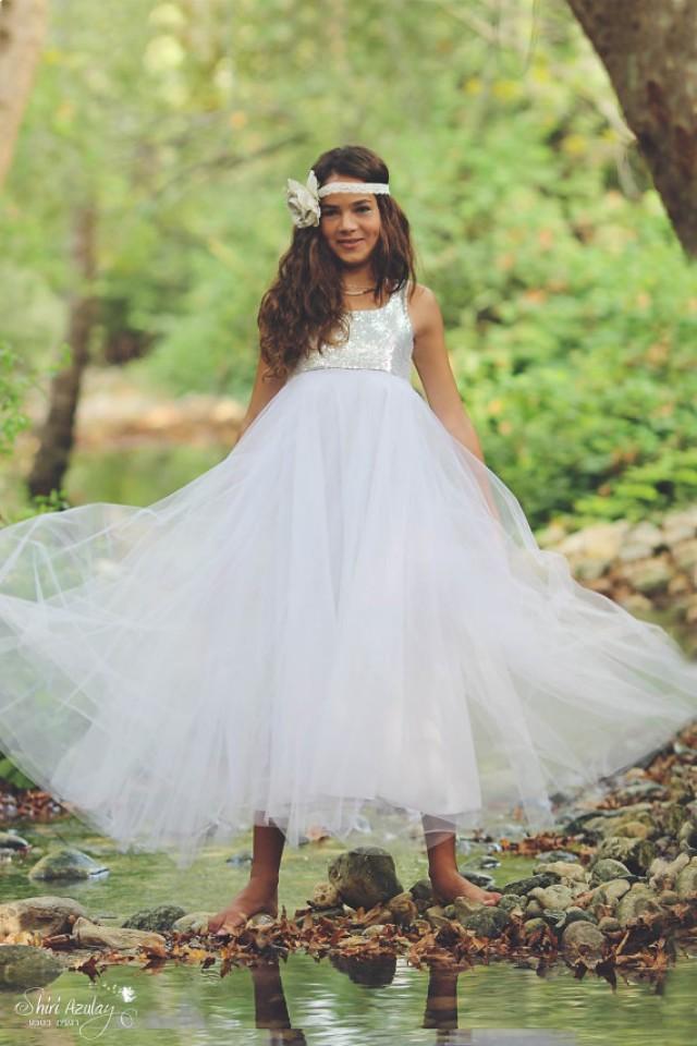 wedding photo - Flower Girl dress, Silver Sequin Girl dress With Tulle, Special Occasion ,floor length girls dress, Christmas silver dress, Holiday Dress