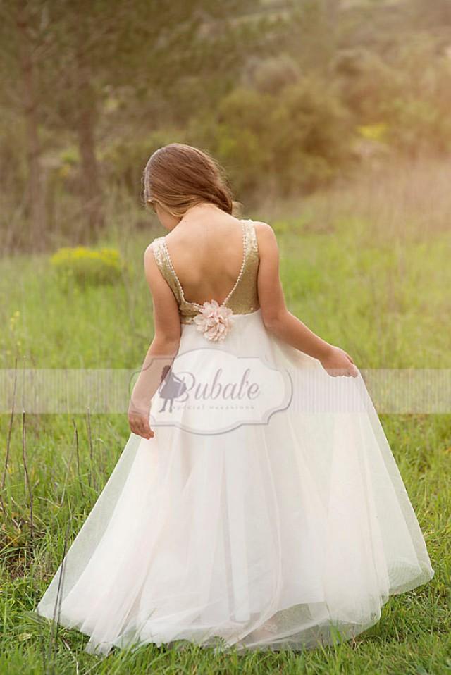 wedding photo - Flower Girl dress, Gold Sequin Flower Girl dress With Tulle, Gold Ivory Tulle Flower Girl Dress,Wedding Dress, Ball Gown, Gold glitter