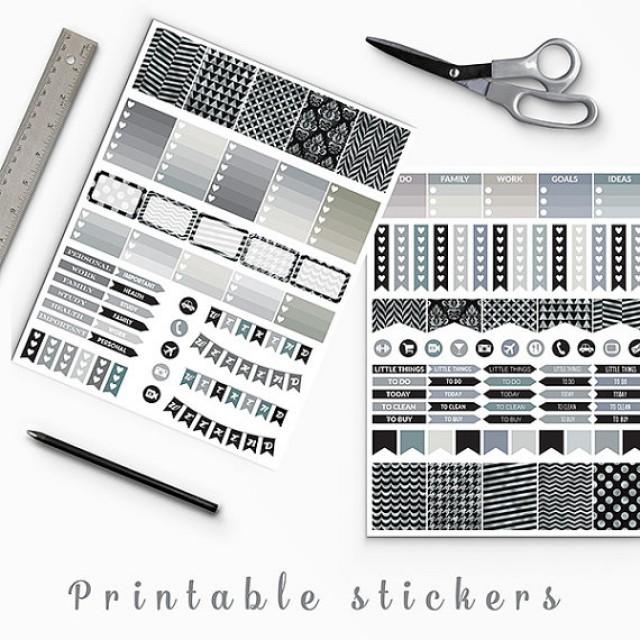 wedding photo - 50% SALE Black And Silver Planner Stickers Erin Condren Printable Planner Stickers Box Stickers Flags Weekend Banners