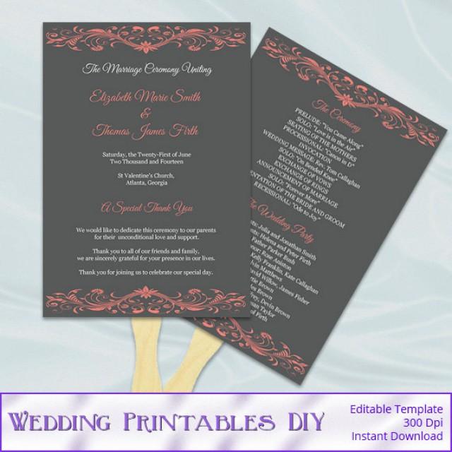 Coral And Gray Wedding Program Fan Template Diy Ceremony Paddle Fans Printable Programs Do It Yourself Wedding Programs Templates Free