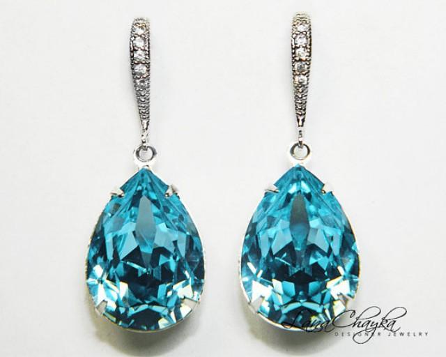 Aqua Blue Crystal Earrings Aquamarine Rhinestone Earrings Swarovski ...