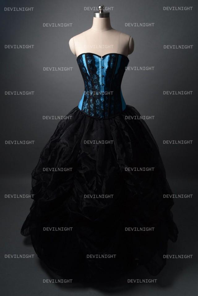 wedding photo - Fashion Black and Blue Gothic Corset Burlesque Long Prom Party Dress