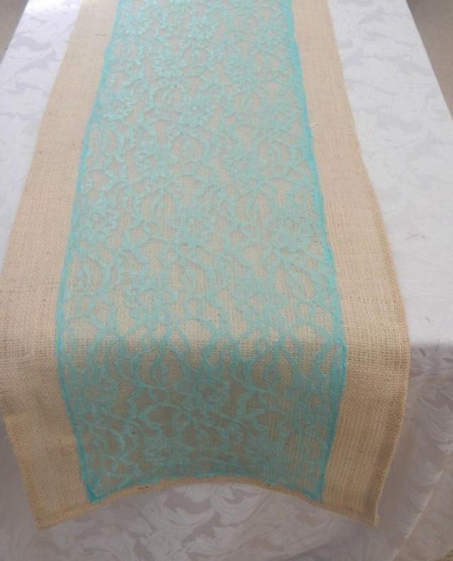 Burlap Table Runner With Aqua Lace, Wedding, Party, Home Decor, Custom Size Available