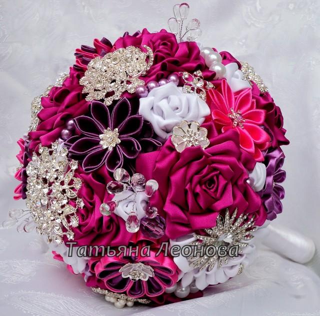 Fabric Wedding Bouquet, Brooch bouquet &quot;Scarlet&quot;  White and Fuchsia 9&quot;