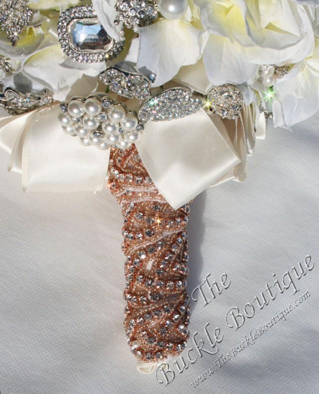 Rose Gold Beaded w/ Rhinestones Bridal Bouquet Bling Jeweled Stem Wrap   ~w/ instructions, ribbon, pins ~fast ship from Houston USA designer
