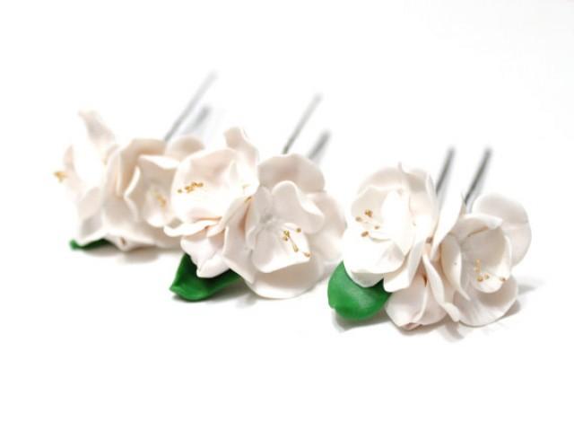 wedding photo - Cherry blossom, Bridal White Hair Pins ,Flower hair pin,Simple flowers, Rustic Hair flower, Bridal Hair Pins - SET