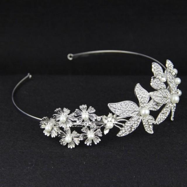 wedding photo - Flower Rhinestone Bridal Headband With Pearls Boho Crystal Butterfly Flora Bridal Headpiece
