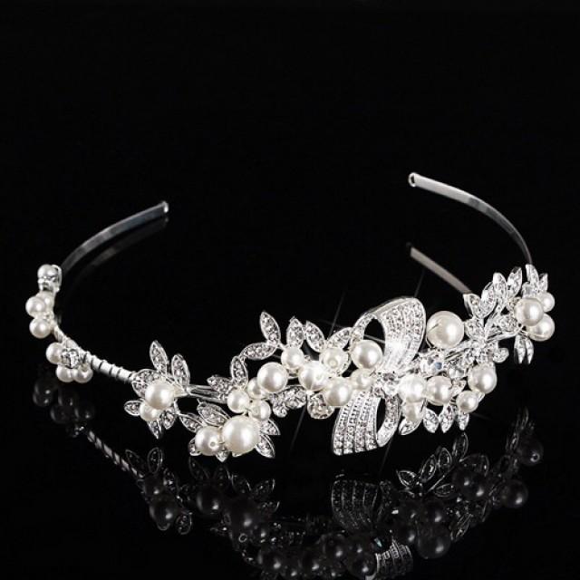 wedding photo - Silver Bowknot Vintage Bridal Headband Tiara With Pearls Nyc Style