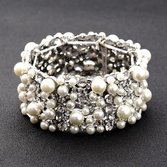 wedding photo - Ivory pearl rhinestone bridal bracelet wide elastic wedding wrist band bangle