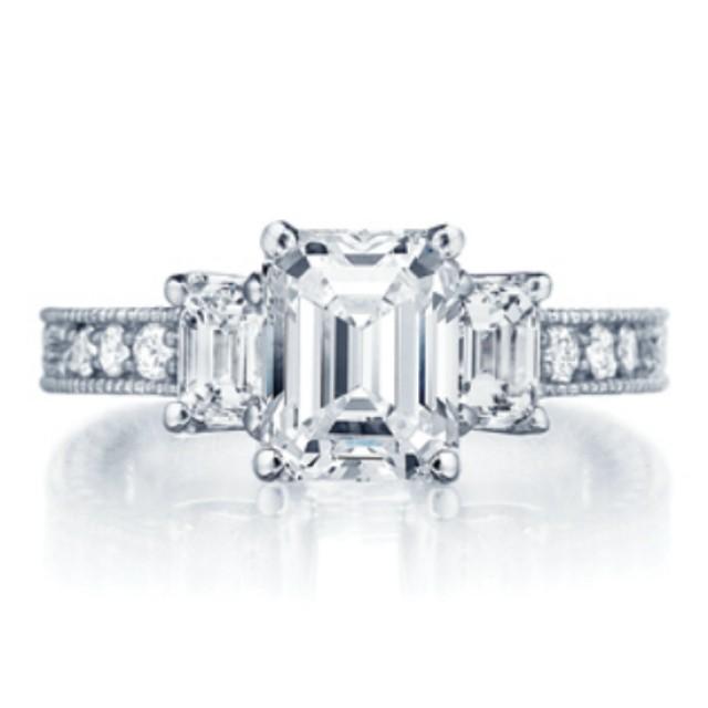 wedding photo - Vintage Emerald Cut Forever Brilliant Moissanite & Diamond Three Stone Engagement Ring - Milgrain Rings - Antique Moissanite Wedding Rings for Wome