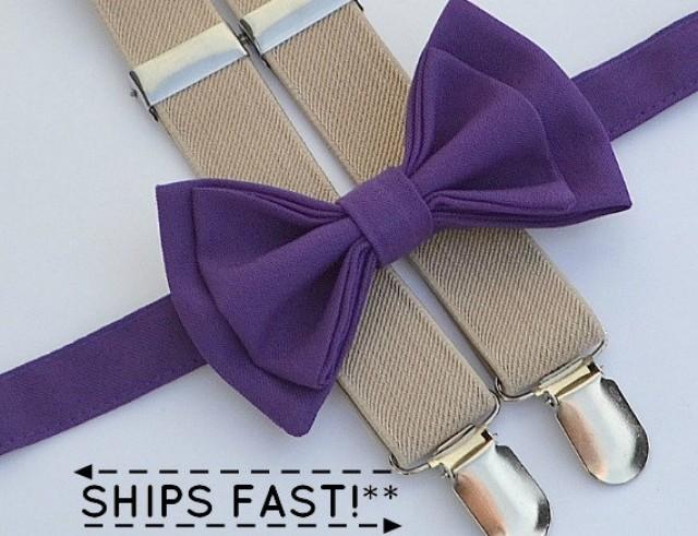 Dark Purple Bow Tie & Beige Suspenders -- Ring Bearer Outfit -- Groomsmen Bow Tie Suspenders