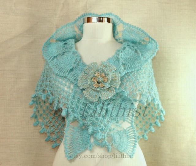 Coral Blue Crochet Shawl, Bridal Shawl, Triangle Shawl ...