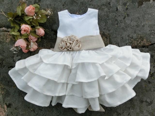 wedding photo - Baby flower girl dress. White baby dress. Girls christening dress, baptism dress. Infant flower girl. Baby ruffle dress, baby linen dress