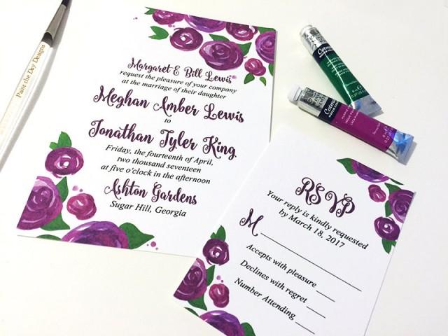 Rose Wedding Invitation Card - Watercolor Wedding Invitation RSVP Card &quot;Lovely Roses&quot; Purple Wine Wedding Invitation - Watercolour Wedding