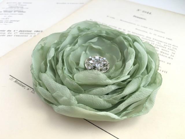 wedding photo - Sage green flower hair clip or brooch pin. Chiffon Fabric. Headpiece. Hair Piece