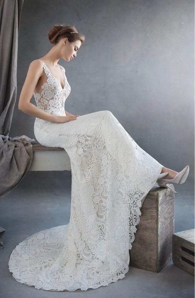 Lazaro V-Neck Lace Trumpet Dress (In Stores Only) 