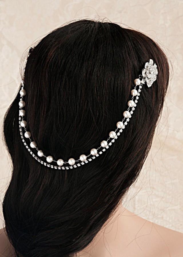 wedding photo - Statement Wedding head band headpiece, Bridal hair accessory Pearl rhinestone Wedding chain, Bridal hair comb, Vintage style headpiece