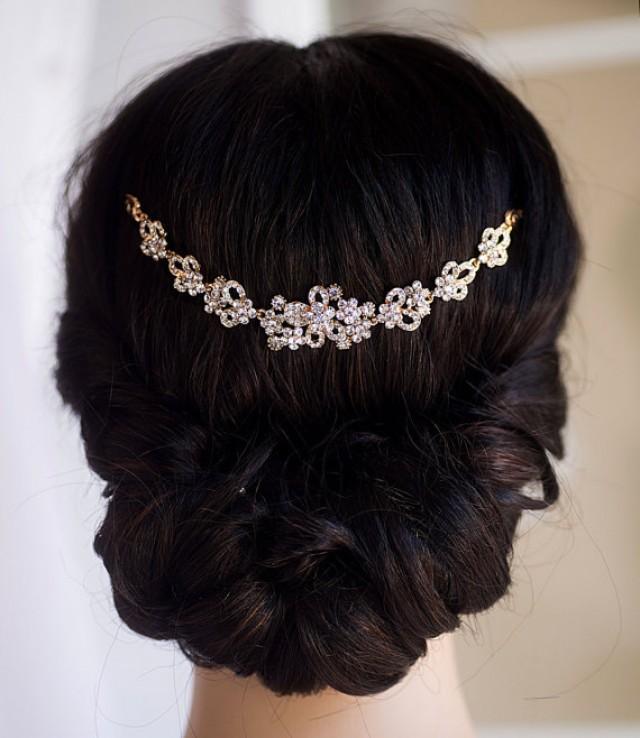 wedding photo - Wedding Hair Chain Bridal Hair Chain Swarovski Pearls Crystal Hair Wrap Headpiece Gold Wedding Halo Crystal Hair Comb Comb Vine