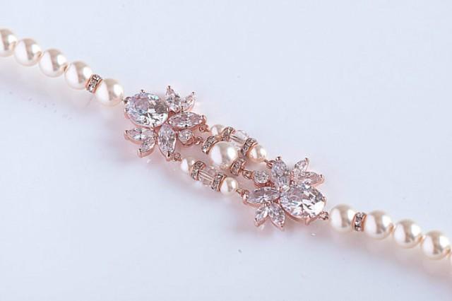 wedding photo - Rose gold /Silver and Rhinestone flower shaped Bracelet, Bridal Jewelry Bracelet, Wedding Bridesmaid Bracelet