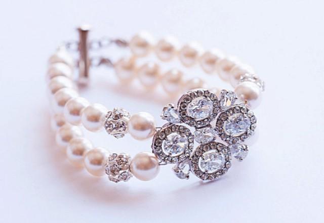 wedding photo - Double strand Swarovski crystals pearls Wedding bridal Bracelet, Vintage Style Bracelet Jewelry, Pearl and Rhinestone Bracelet Cuff